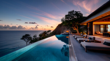 A luxurious clifftop retreat with a private pool and expansive views of the ocean and horizon.
