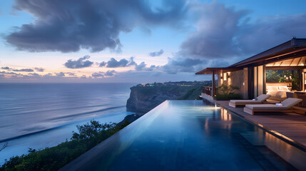 A luxurious clifftop retreat with a private pool and expansive views of the ocean and horizon.