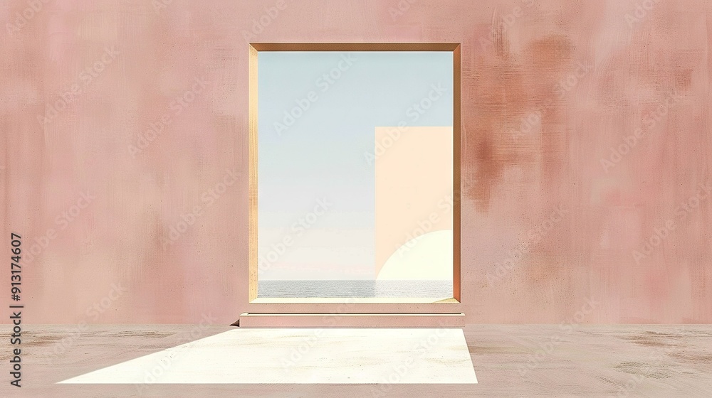 Poster an image shows an empty room with a vast open window facing the ocean outside