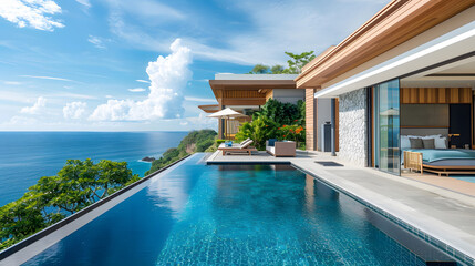 A luxurious clifftop retreat with a private pool and expansive views of the ocean and horizon.