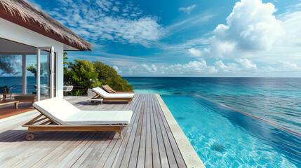 A luxurious island villa with a spacious terrace private pool and panoramic ocean views.