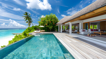 A luxurious island villa with a spacious terrace private pool and panoramic ocean views.