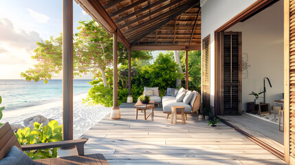 A luxurious island villa with private beach access and a spacious outdoor lounge area.