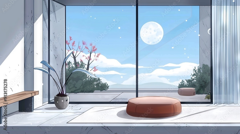 Poster a spacious room featuring a expansive window, which provides an unobstructed view of the sky, and a 