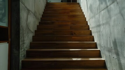   A room with a mirror on the wall and a door on the opposite side, accessed via a wooden staircase