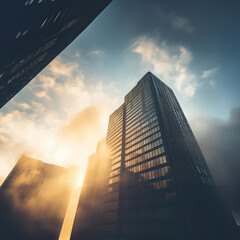 Fototapeta premium A majestic skyscraper pierces the sky, surrounded by fluffy white clouds, showcasing urban architecture.