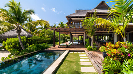 A luxurious tropical villa with a private beach and lush gardens designed for relaxation and privacy.