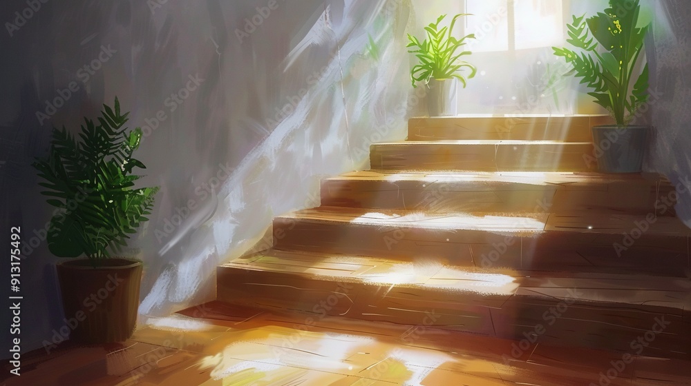 Poster a depiction of a flight of steps flanked by a planted container and a window