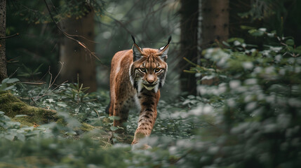 A lynx stealthily moving through a forest with its eyes focused ahead.