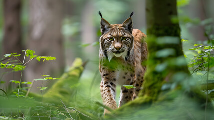 A lynx stealthily moving through a forest with its eyes focused ahead.