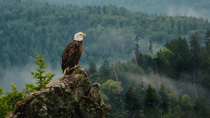 A majestic eagle perched on a high rock overlooking a dense forest with the horizon in the background.