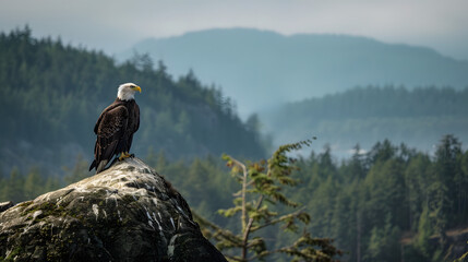 A majestic eagle perched on a high rock overlooking a dense forest with the horizon in the background.