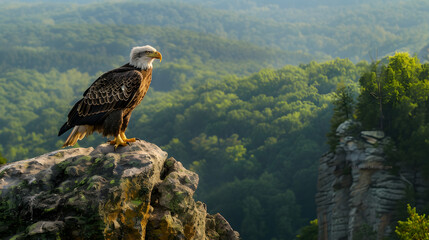 A majestic eagle perched on a high rock overlooking a dense forest with the horizon in the background.