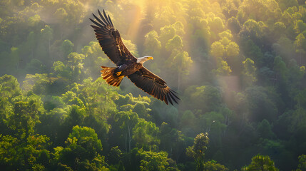 A majestic eagle soaring above a dense forest canopy with the morning sun in the background.