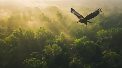 A majestic eagle soaring above a dense forest canopy with the morning sun in the background.