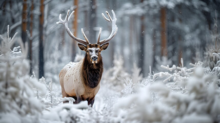 A majestic elk standing in a snow-covered forest its antlers frosted with ice.