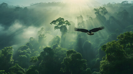 A majestic eagle soaring above a dense forest canopy with the morning sun in the background.