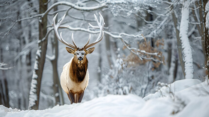 A majestic elk standing in a snow-covered forest its antlers frosted with ice.