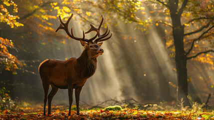 A majestic stag standing in a forest glade with rays of sunlight piercing through the canopy.