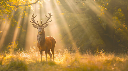 A majestic stag standing in a forest glade with rays of sunlight piercing through the canopy.