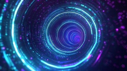 Vibrant digital tunnel with glowing lines and particles, creating a mesmerizing sense of depth and motion.