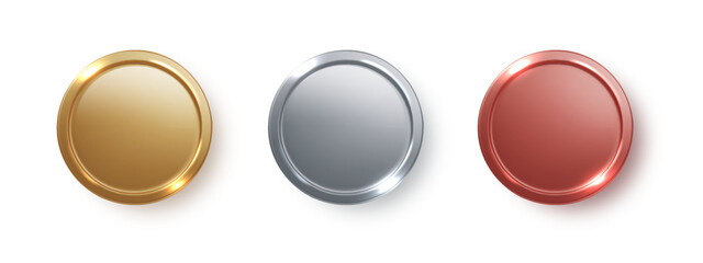 Award golden, silver and bronze blank medals isolated PNG. 3d realistic round frames medal or coin, winner emblem