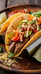 A taco with meat and vegetables is on a wooden plate