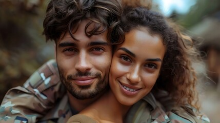 Fototapeta premium A man and woman are hugging each other with smiles on their faces