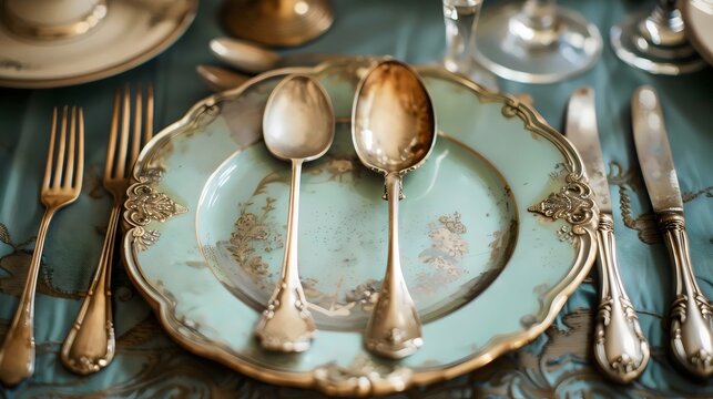A blue plate with silverware on it