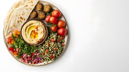 A realistic top view of a Middle Eastern mezze platter with hummus, falafel, tabbouleh, and pita bread, arranged on a clean white background