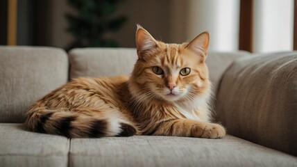 A cat is laying on a couch with its eyes open