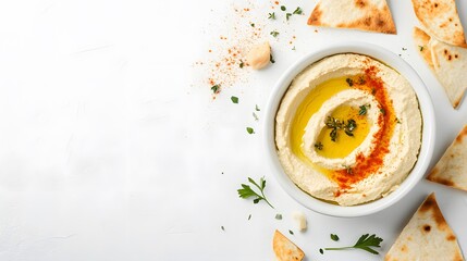 A realistic top view of a bowl of creamy hummus drizzled with olive oil and sprinkled with paprika, served with pita chips on a white background