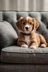 A small brown and white dog is laying on a gray couch