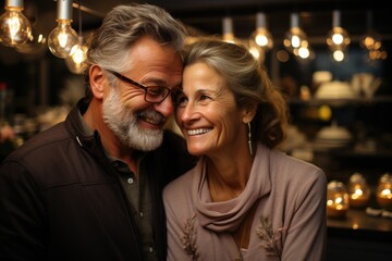 Obraz premium Happy couple portrait in love, hugging the kitchen and looking away, generative IA