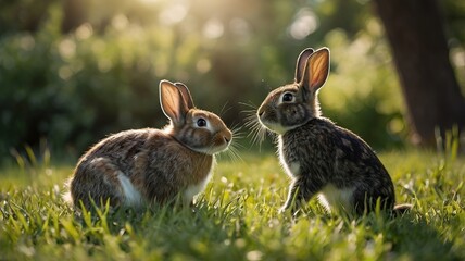 Obraz premium Two rabbits are sitting in the grass, one of them looking at the other