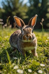 A small brown rabbit is standing in a field of grass