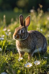 Fototapeta premium A rabbit is standing in a field of flowers