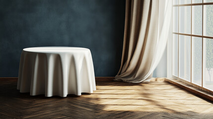 Round tablecloth on a wooden table. There's room for your design.