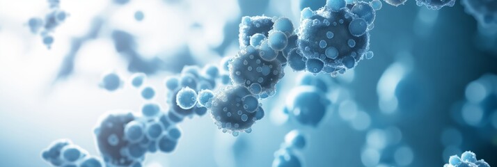 A close-up view of microscopic structures in shades of blue and white, resembling bacteria or cellular formations in a gentle, light background