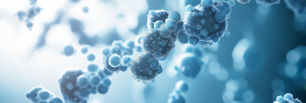 A close-up view of microscopic structures in shades of blue and white, resembling bacteria or cellular formations in a gentle, light background