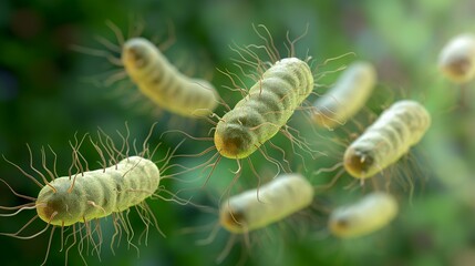 Fototapeta premium A close-up view of green bacteria with long, hair-like structures, set against a blurred green background