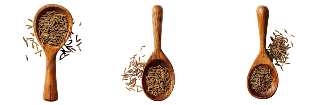 Set of A wooden spoon filled with cumin seeds isolated on transparent background  (3)