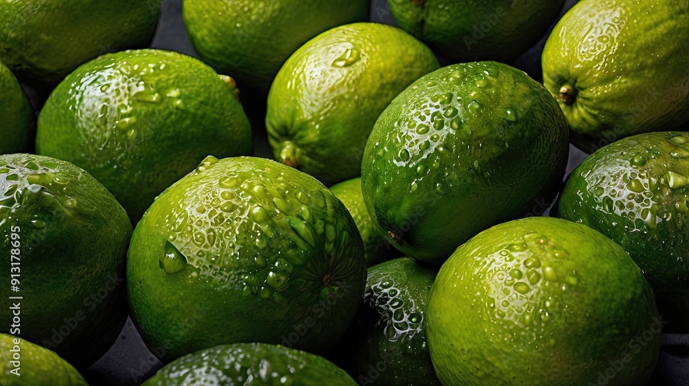 Poster freshly picked limes glistening with dew under soft natural light in a rustic kitchen setting