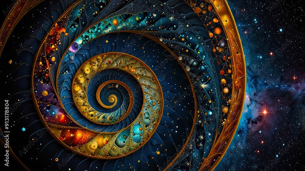 Poster Exploring Fibonacci Patterns and Spirals in the Cosmic Fabric of the Universe at Night