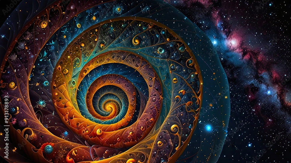 Poster Exploration of Fibonacci Spirals in Cosmic Patterns and Mathematical Beauty Across the Universe at Dusk