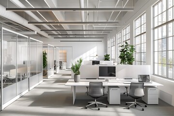 Modern empty blank interior office room for work, Mockup Frame-Minimalistic concrete coworking office