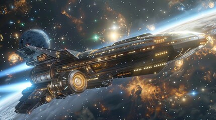Fototapeta premium An artistically rendered depiction of a spaceship orbiting a celestial body with a planet in the foreground and stars in the backdrop