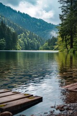 Obraz premium A tranquil, clear lake is surrounded by a dense, green forest and mountains, creating a breathtaking scenic view.