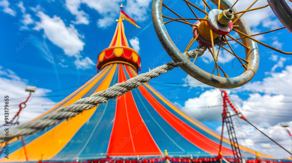 Poster close-up of unicycle wheel balancing on a tightrope with a circus tent visible in the background
