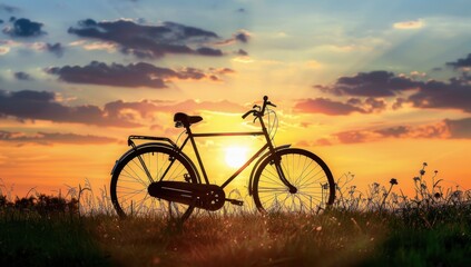 Obraz premium A silhouette of an old bicycle against the backdrop of sunset, symbolizing healthy lifestyle and outdoor activities Generative AI